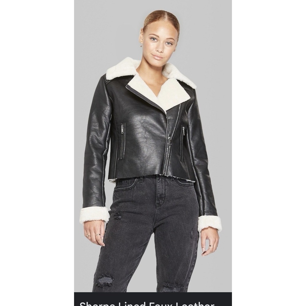 Wild Fable Jacket Large Black Faux Leather Sherpa‎ Moto Biker Belted Asym Zip Lg